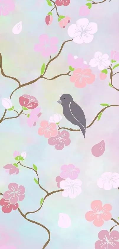 Pastel bird and flower wallpaper with delicate branches.