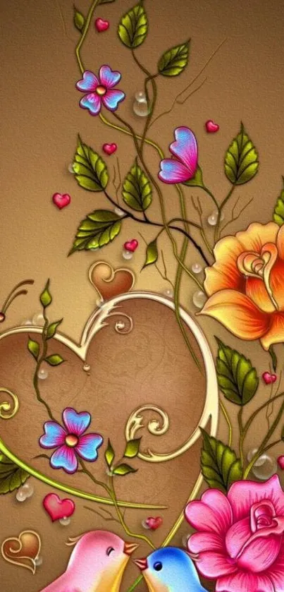 Colorful floral wallpaper with birds and hearts.