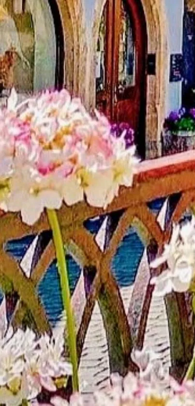 Close-up of pastel hydrangeas on a charming rustic bridge.