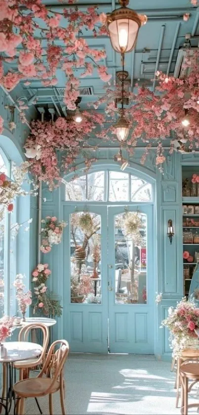 Charming floral cafe with pastel decor and blooming flowers.