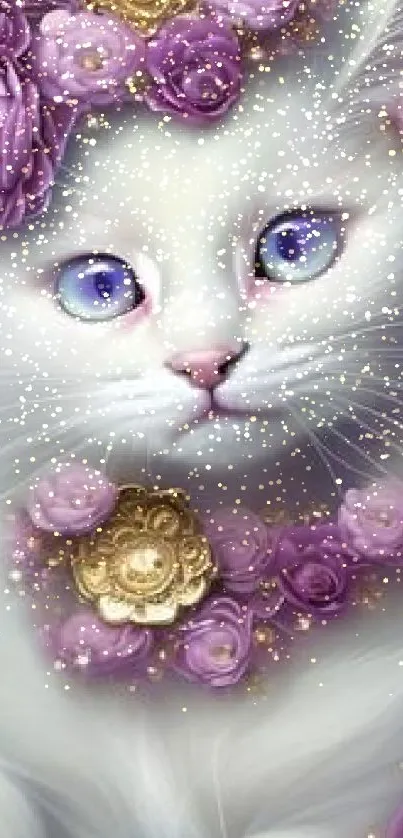 White cat with purple roses and gold details in art wallpaper.