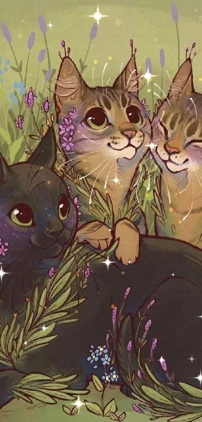 A whimsical scene of three cats surrounded by flowers and leaves.