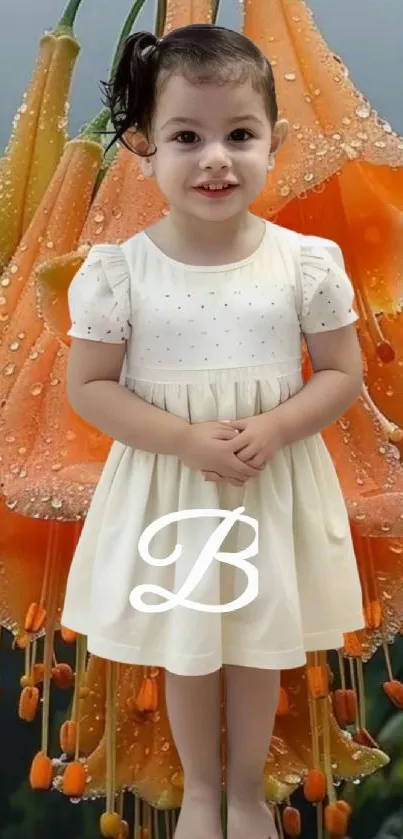 Child in white dress with orange floral background.