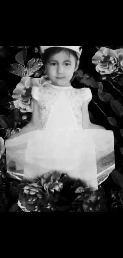 Child in floral dress amidst black and white roses.