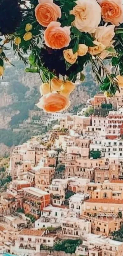 Colorful Positano village with blooming flowers overhead.