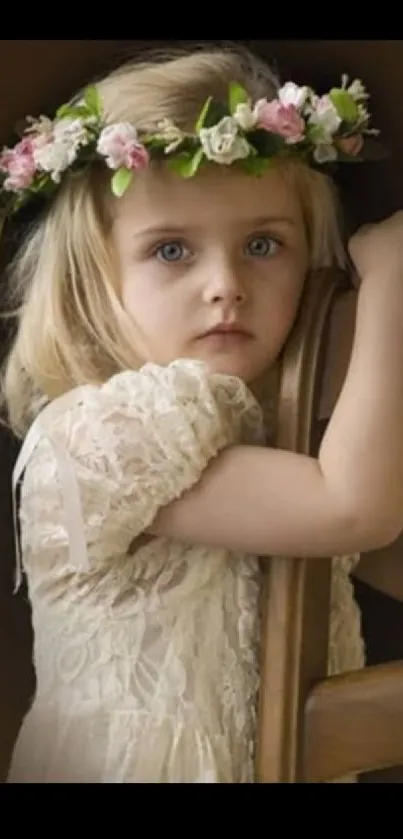 Little girl with a floral crown in a vintage portrait wallpaper.