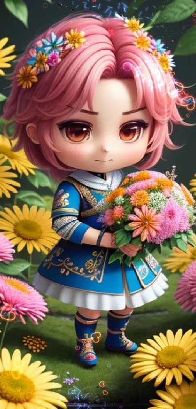 Cute figurine with pink hair in a floral setting, holding a vibrant bouquet.