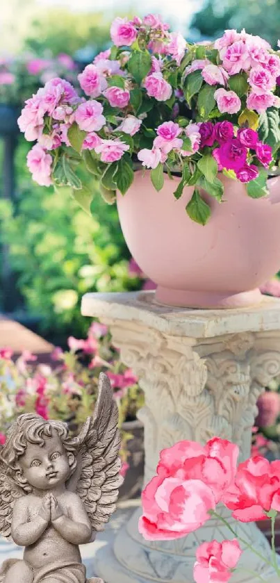 Pink flowers and garden statue in a serene setting.