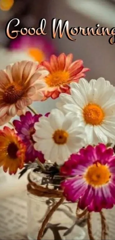 Floral wallpaper with daisies in a glass jar and 'Good Morning' text.