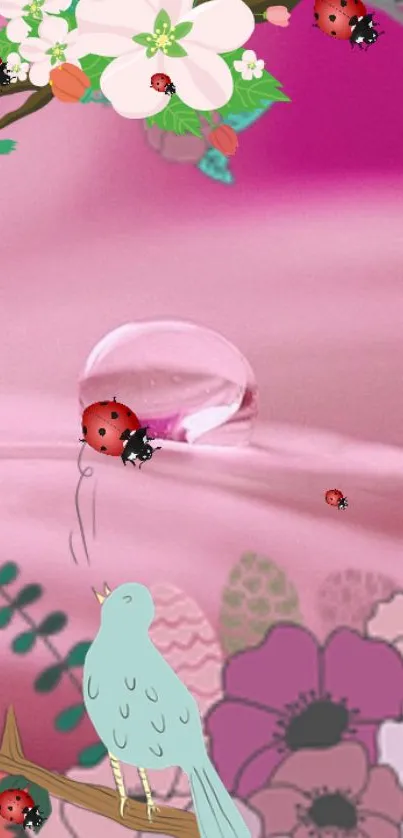 Pink wallpaper with ladybugs, flowers, and a bird.