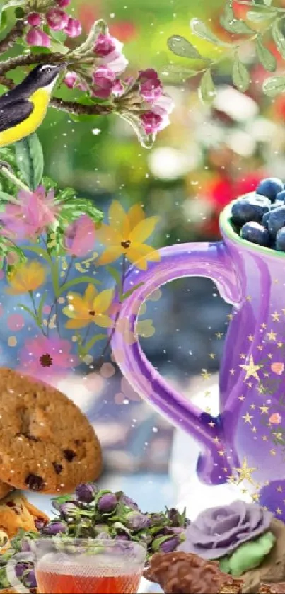 Purple floral picnic wallpaper with colorful blooms and porcelain.