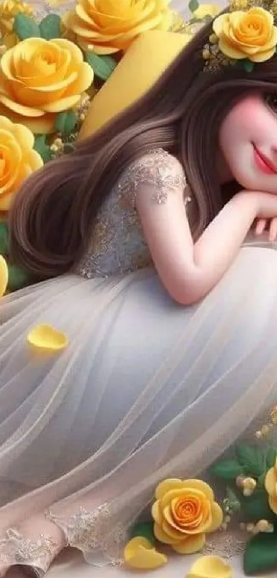 Enchanting princess surrounded by yellow roses.