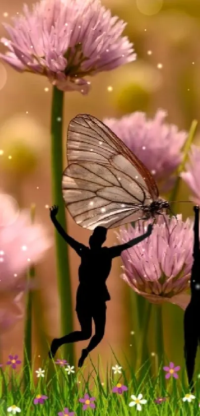 Mobile wallpaper with silhouettes and purple flowers.