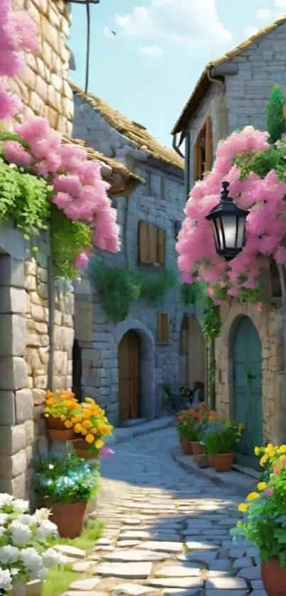 Charming stone village street with lush colorful flowers.