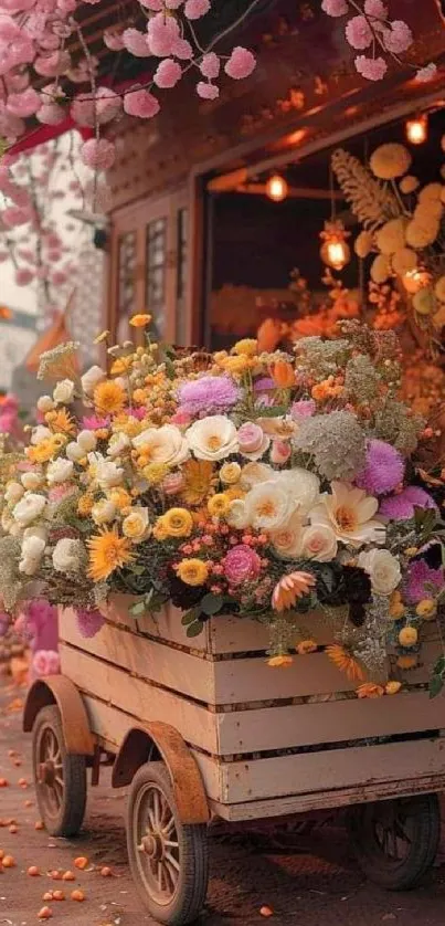 Charming flower cart with spring blooms in a rustic outdoor setting.