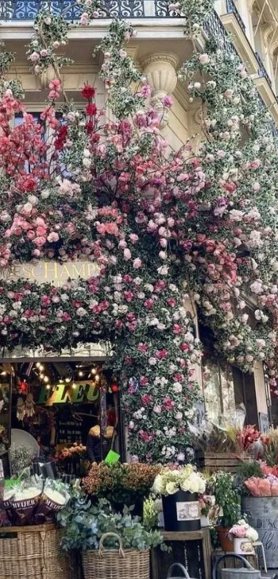 Charming flower shop with a lush floral facade and baskets of blooms.