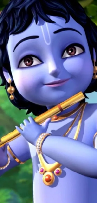 Animated blue deity playing flute in forest scene.