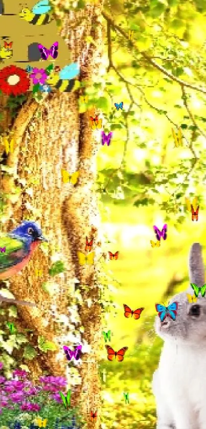 Charming forest scene with rabbit and bird among vibrant green trees.