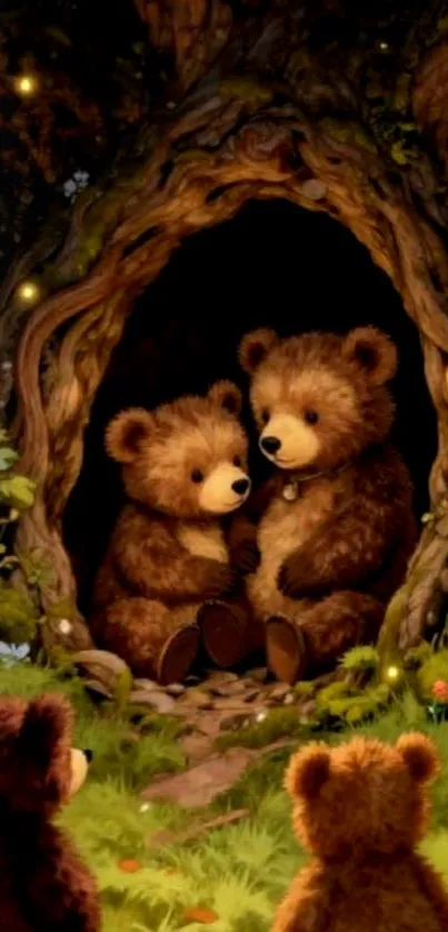 Cartoon bears family in forest cave