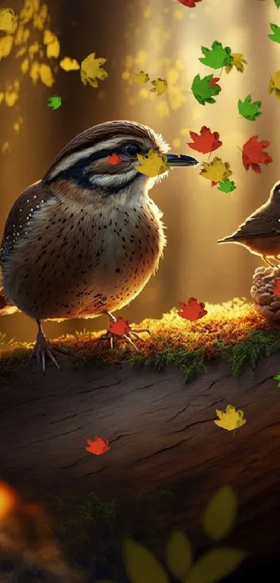 Charming woodland birds on a sunlit log, surrounded by a serene forest.