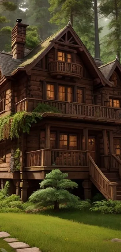 Charming wooden cabin amidst lush green forest setting.