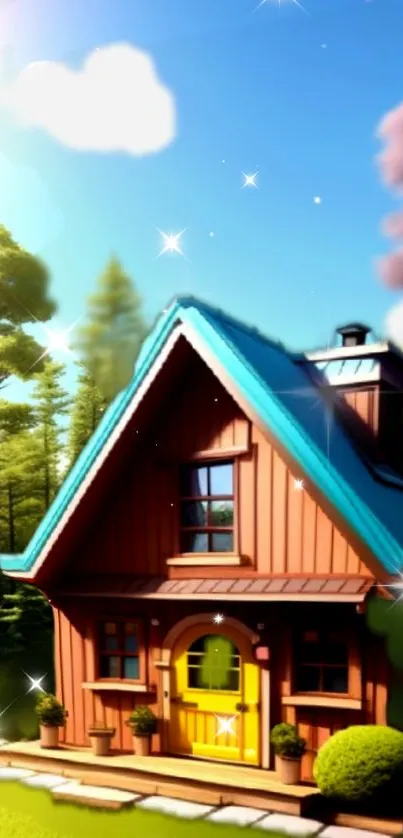 Charming forest cabin with blue roof in lush sunlit setting.