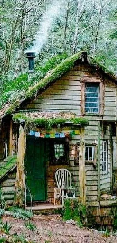 Rustic forest cabin surrounded by lush greenery.