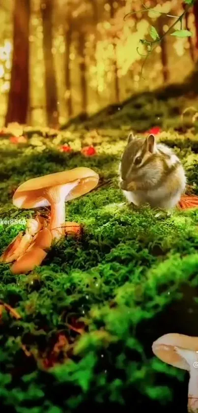 Chipmunk in a lush forest with mushrooms and moss.