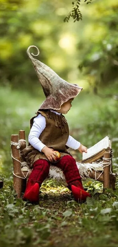 A small elf in the forest reading a book on a tiny wooden chair.