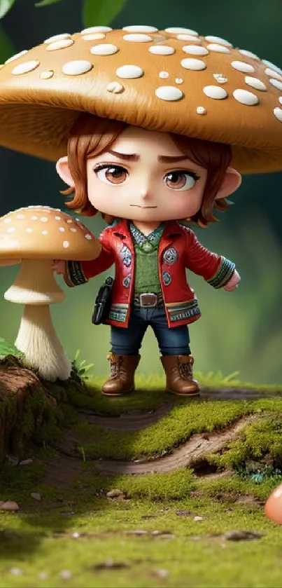 Chibi character with mushroom hat in a whimsical forest setting.