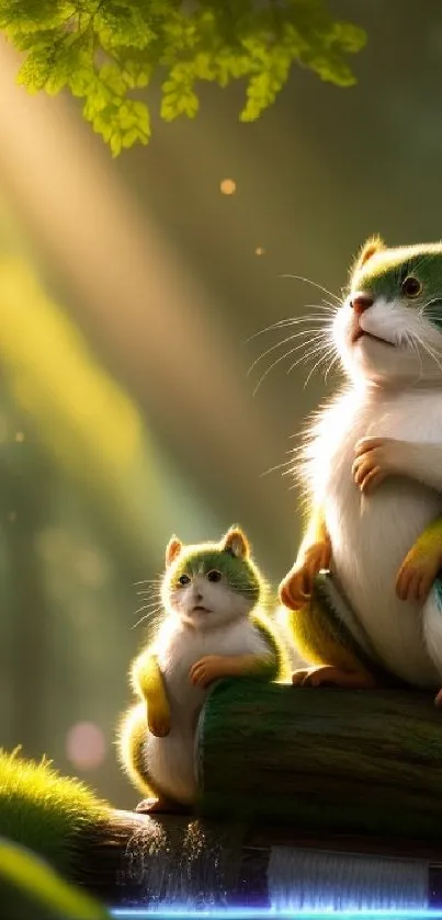 Two whimsical hamsters in a serene forest, illuminated by sunbeams.