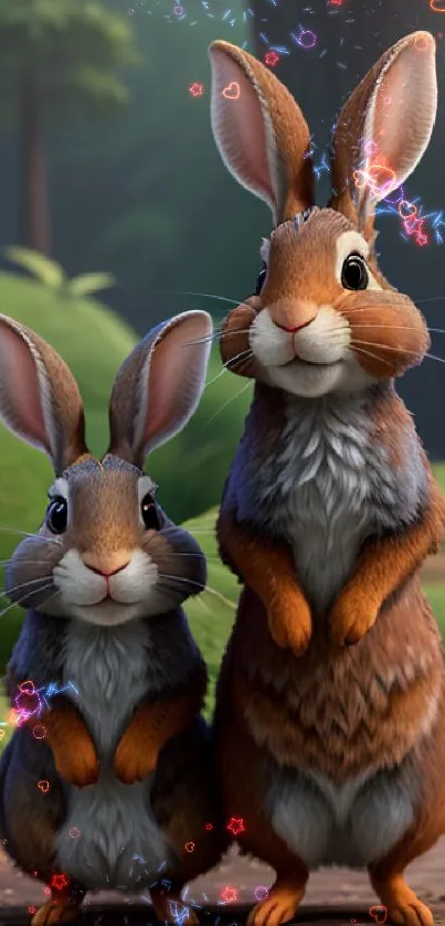 Adorable rabbit duo in lush forest setting, vibrant colors, perfect for mobile wallpaper