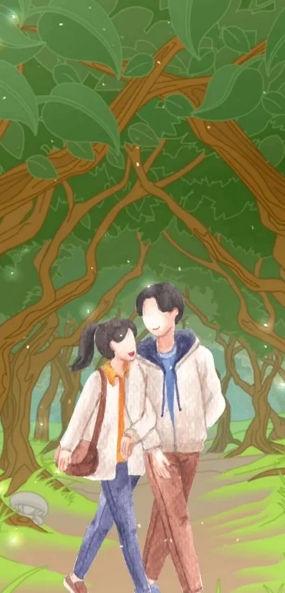 Charming illustrated couple walking under lush green trees in a forest.