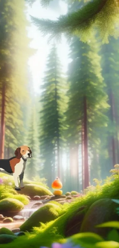 Animated dog and duck in a lush forest setting by a stream.