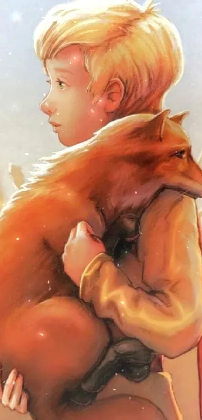 Illustration of a boy holding a fox amidst a warm-toned field.