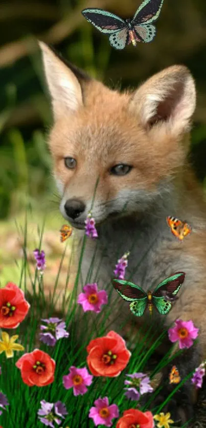 Fox with colorful flowers and butterflies in natural setting wallpaper.