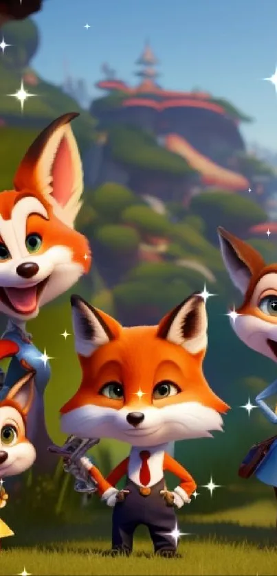 Animated fox family in vibrant landscape.