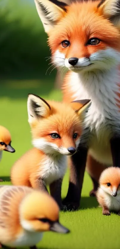 Mobile wallpaper of a charming fox family in a green, lush setting.