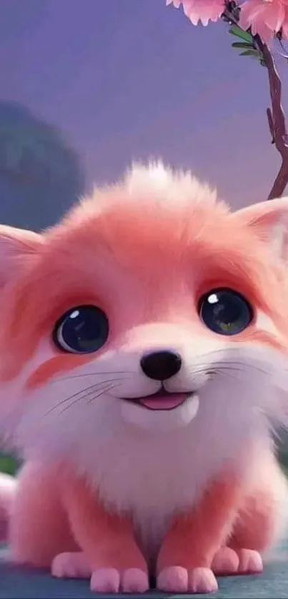 Cute cartoon fox with pink fur and blue eyes in a fantasy setting.