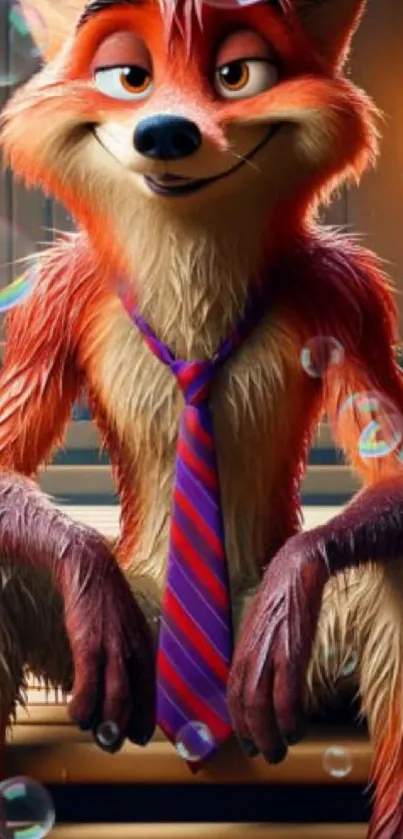 Charming animated fox with tie and bubbles pops on screen.