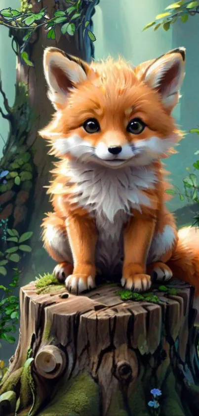 Adorable fox sitting on a tree stump in an enchanting forest setting.