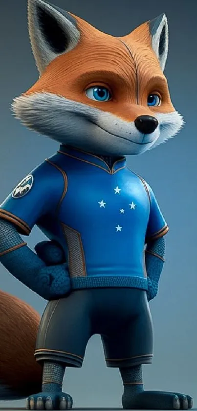 Charming fox in blue football uniform, standing proudly.