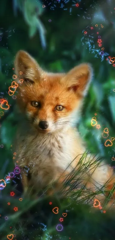 A charming fox sits in a lush green forest.