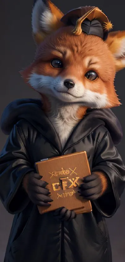 Adorable fox in graduation robe, holding a book.