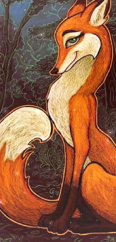 Captivating illustration of a fox in a forest setting on mobile wallpaper.