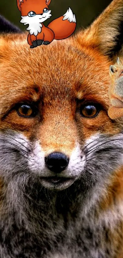 Close-up of a fox with added cartoon elements.