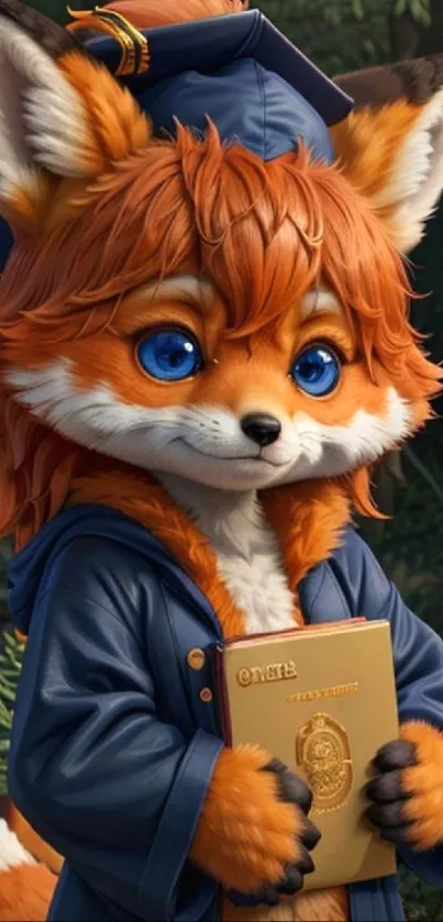 Charming fox character in graduation attire holding a diploma.