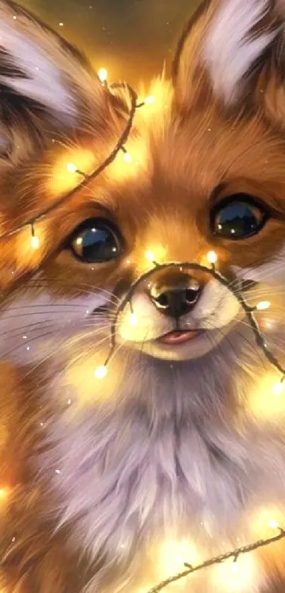 Cute fox surrounded by glowing fairy lights.