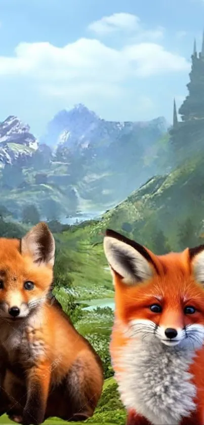 Two foxes in a fantastical mountain landscape.