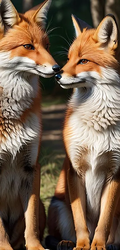 Wallpaper of two charming red foxes in a serene forest setting, perfect for mobile.